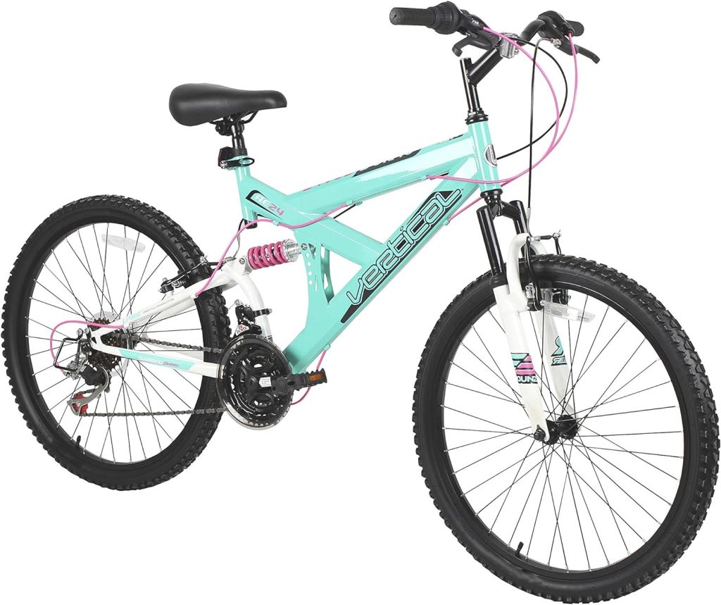 Dynacraft Vertical Dual Suspension Mountain Bike Girls 24 Inch Wheels with 18 Speed Grip Shiter and Dual Hand Brakes in Teal and Pink