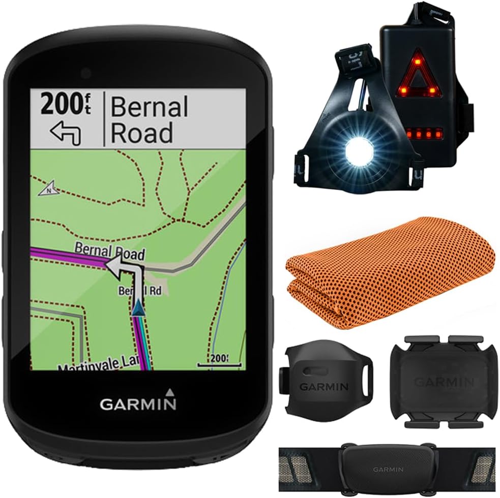 Garmin 010-02060-10 Edge 530 GPS Cycling Computer with Sensors Bundle with Workout Cooling Sport Towel and Deco Essentials Wearable Commuter Front and Rear Safety Light