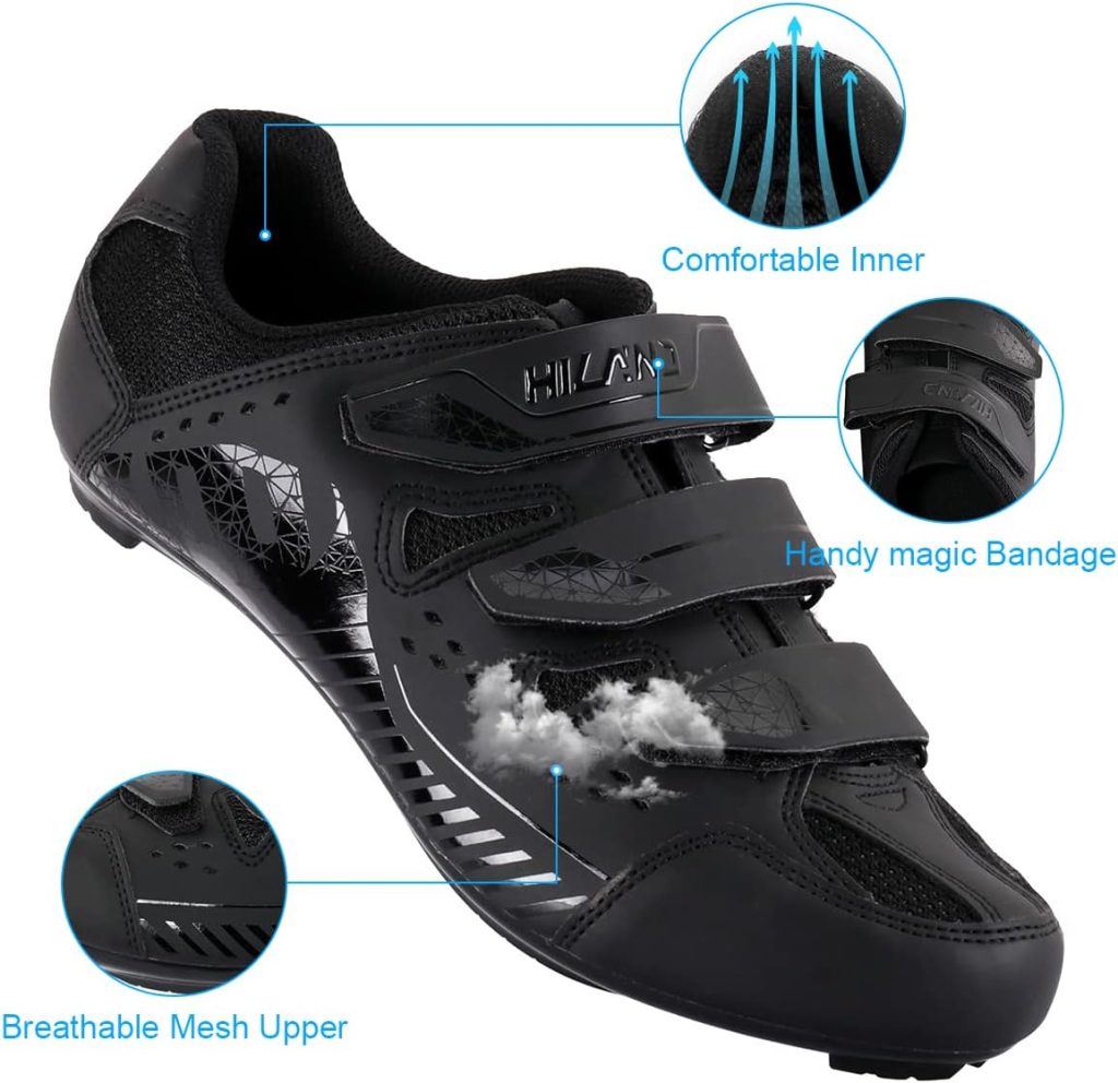 Hiland Unisex Wide Cycling Shoes Compatible with PelotonLook Delta/Shimano SPD Cleats-3 Straps-Clip in Road/Mountain/Indoor Bike Shoes for Mens and Womens Black