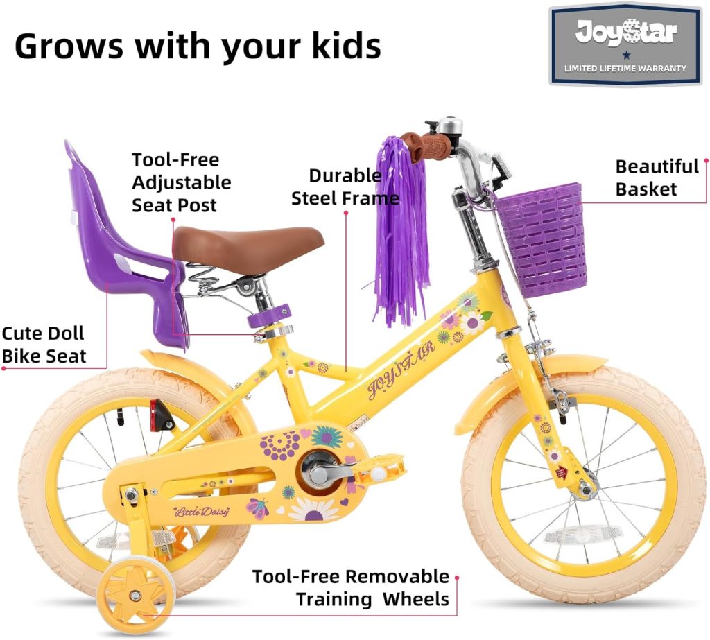 JOYSTAR Little Daisy Kids Bike for Girls Ages 2-12 Years, 12 14 16 20 Inch Princess Girls Bicycle with Doll Bike Seat, Training Wheels, Basket and Streamers, Kids Cycle Bikes, Multiple Colors