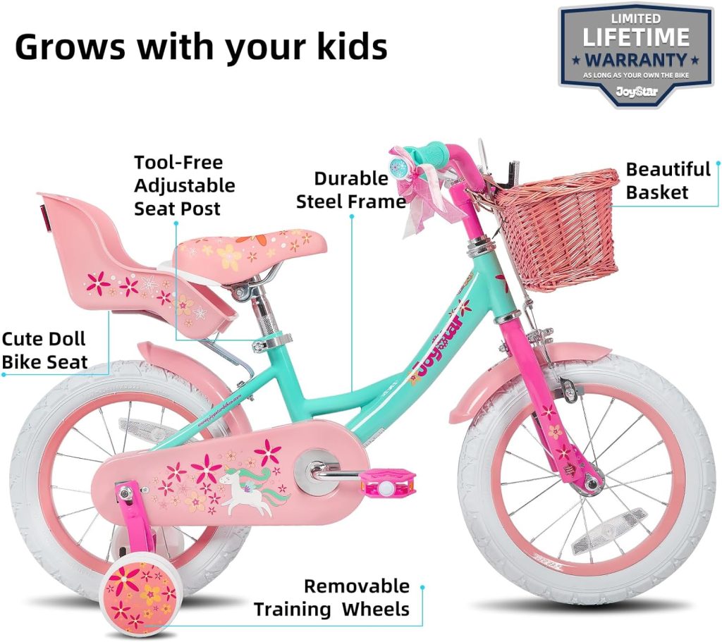 JOYSTAR Unicorn Girls Bike for 2-9 Years Old Kids, 12 14 18 Inch Kids Bike with Training Wheels, Knee  Elbow Pads, Basket and Doll Seat, Children Bicycles