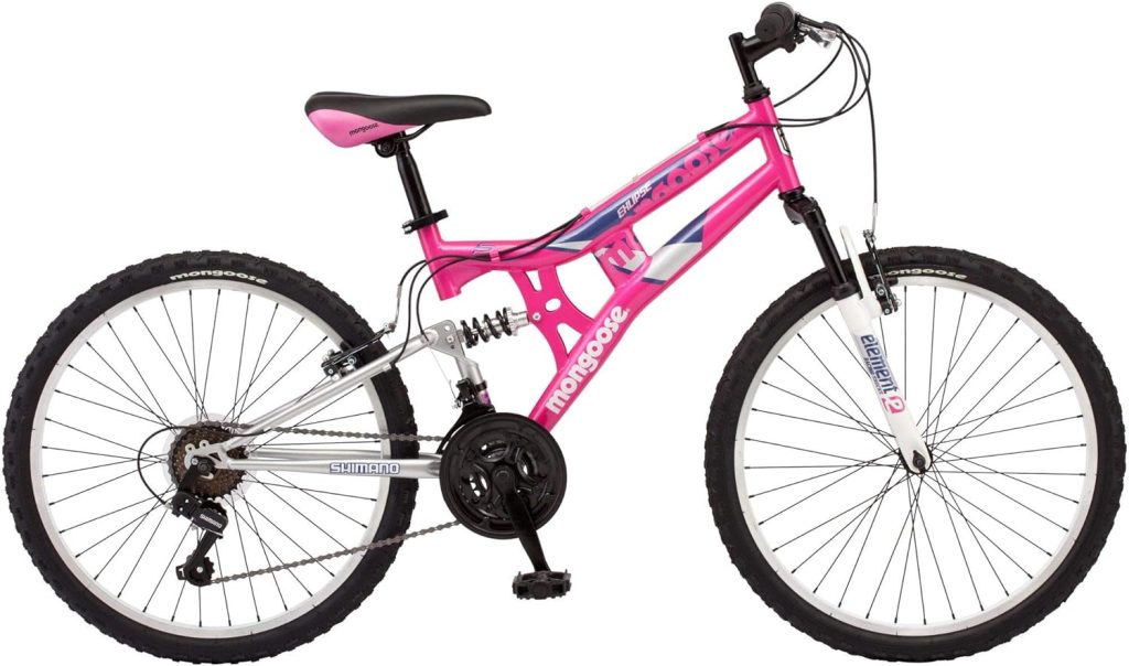 Mongoose Exlipse Full Dual-Suspension Mountain Bike for Kids, Featuring 15-Inch/Small Steel Frame and 21-Speed Shimano Drivetrain with 24-Inch Wheels, Kickstand Included, Pink