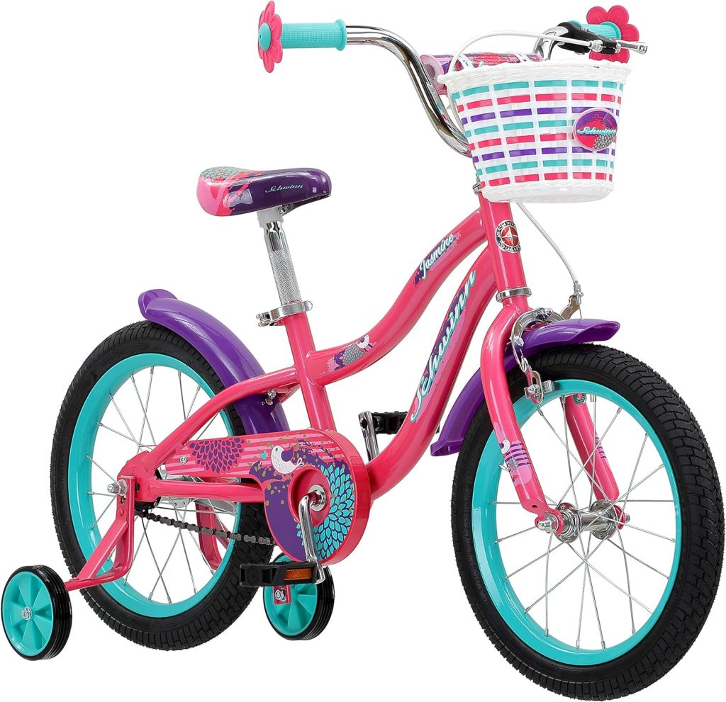 Schwinn Jasmine Kids Bike with Training Wheels, 16-Inch Wheels, Boys and Girls Ages 3-5 Years Old, Basket, Coaster and Hand Brakes, Perfect for Young Riders