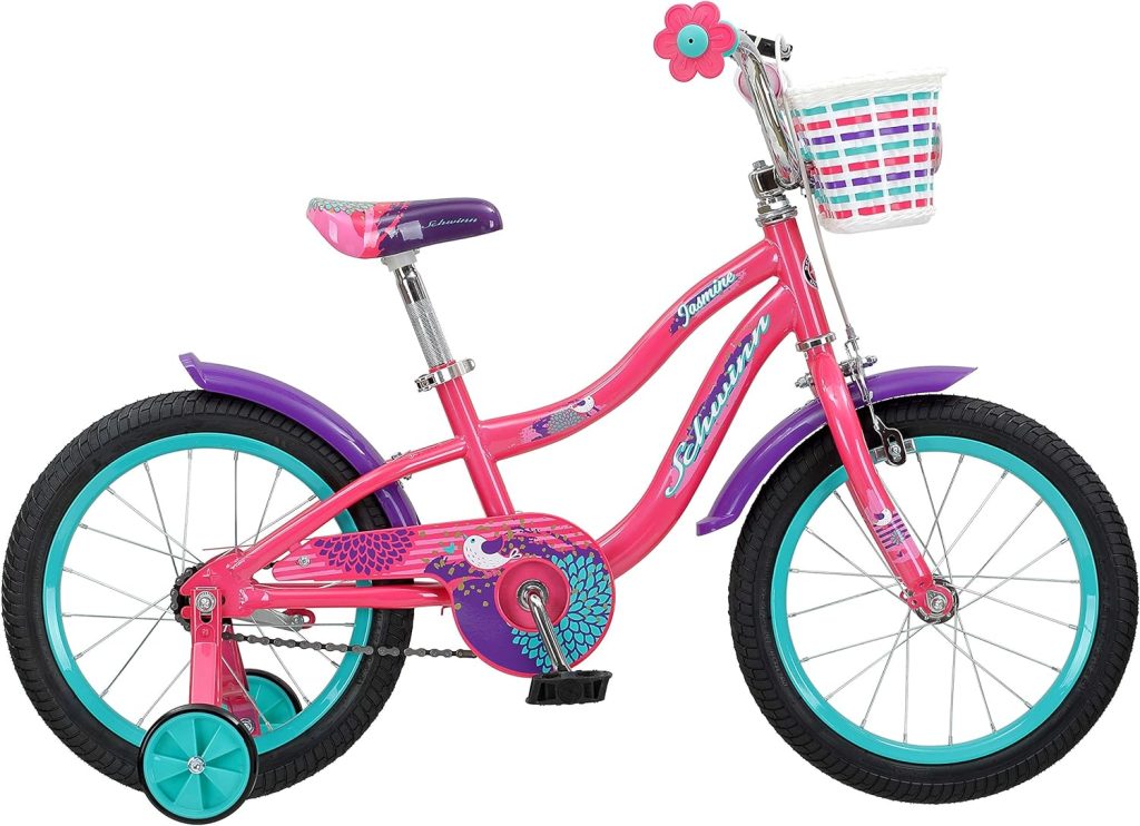 Schwinn Jasmine Kids Bike with Training Wheels, 16-Inch Wheels, Boys and Girls Ages 3-5 Years Old, Basket, Coaster and Hand Brakes, Perfect for Young Riders