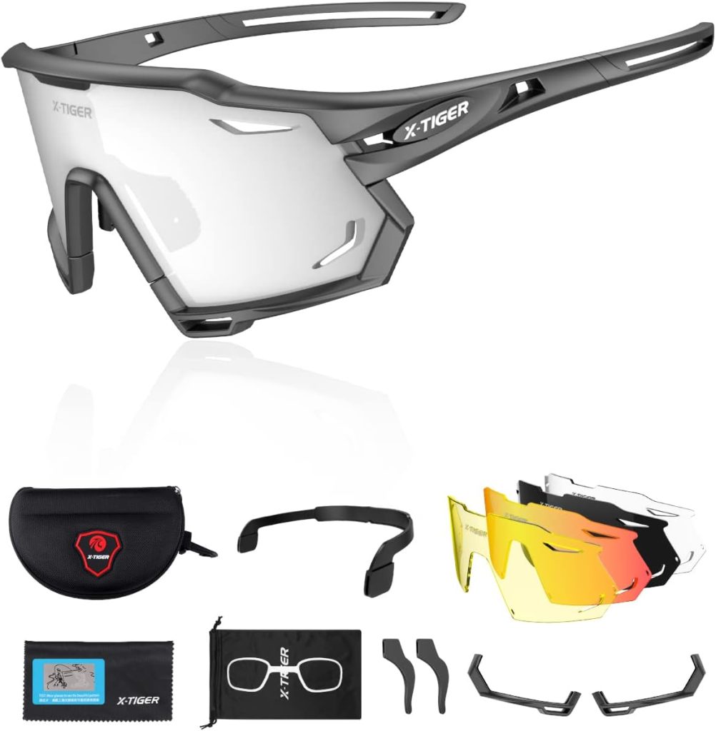 X-TIGER Polarized Cycling Glasses with 5 Interchangeable Lenses,MTB Biking Baseball Running Sports Sunglasses for Men Women