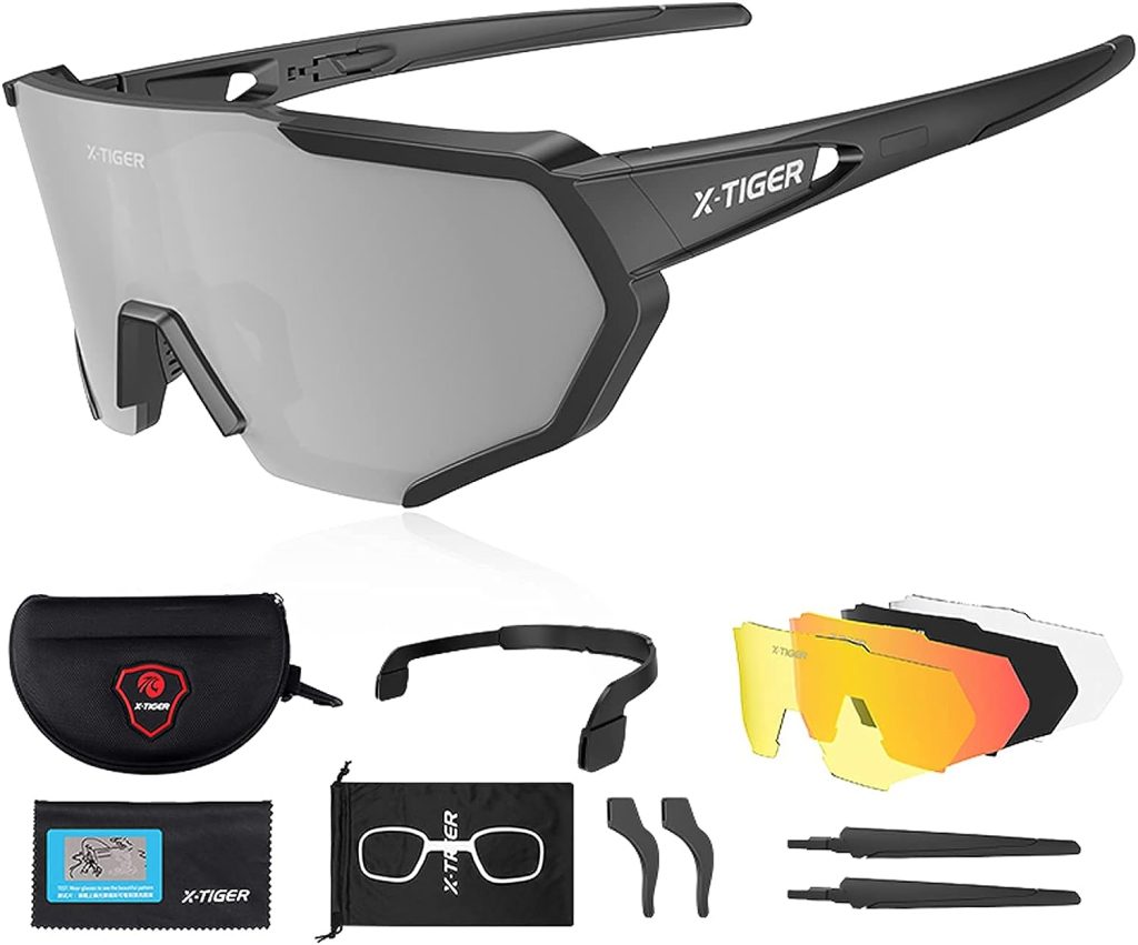 X-TIGER Polarized Sports Sunglasses 3 or 5 Interchangeable Lenses,Mens Womens Cycling Glasses,Baseball Running Fishing Golf